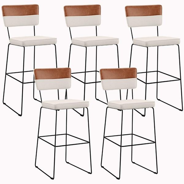 Kit 05 Banquetas Altas Sala De Jantar Allana L02 Faixa Couríssimo Camel Linho Cru - Lyam Decor Kit 05 Banquetas Altas Sala De Jantar Allana L02 Faixa Couríssimo Camel Linho Cru - Lyam Decor