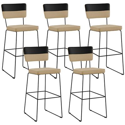 Kit 05 Banquetas Altas Sala De Jantar Allana L02 Faixa Corano Preto Linho Bege Escuro - Lyam Decor