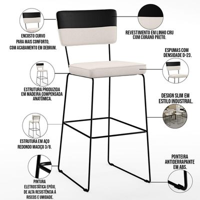 Kit 06 Banquetas Altas Sala De Jantar Allana L02 Faixa Corano Preto Linho Cru - Lyam Decor