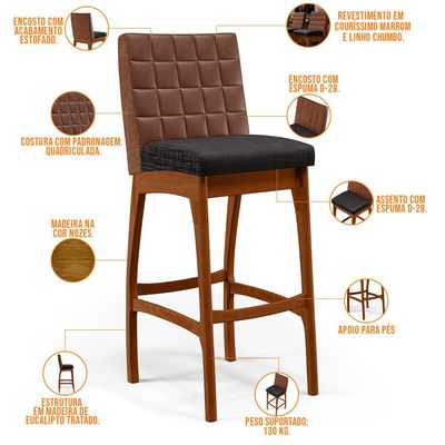 Kit 02 Banquetas Altas Cozinha Sala Jantar Fixa Mila B04 Couríssimo Marrom Linho Chumbo - Lyam Decor