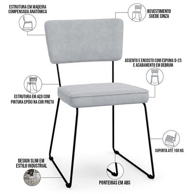 Kit 08 Cadeiras Decorativas Para Sala De Jantar Allana L02 Suede Cinza - Lyam Decor
