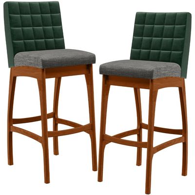 Kit 02 Banquetas Altas Sala Jantar Fixa Mila B04 Facto Verde Musgo Linho Cinza Escuro - Lyam Decor