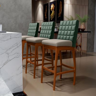 Kit 02 Banquetas Altas Cozinha Sala Jantar Fixa Mila B04 Facto Verde Musgo Linho Bege - Lyam Decor