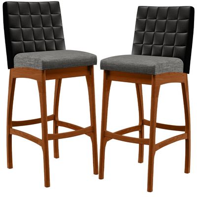 Kit 02 Banquetas Altas Sala De Jantar Fixa Mila B04 Couríssimo Preto Linho Cinza Escuro - Lyam Decor