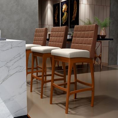 Kit 02 Banquetas Altas Cozinha Sala De Jantar Fixa Mila B04 Couríssimo Marrom Linho Cru - Lyam Decor