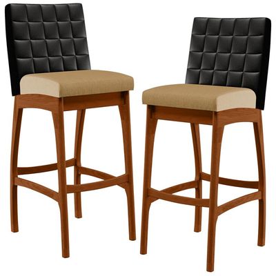Kit 02 Banquetas Altas Sala De Jantar Fixa Mila B04 Couríssimo Preto Linho Bege Escuro - Lyam Decor
