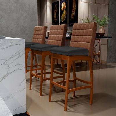 Banqueta Alta Para Cozinha Sala De Jantar Fixa Mila B04 Couríssimo Marrom Corano Preto - Lyam Decor