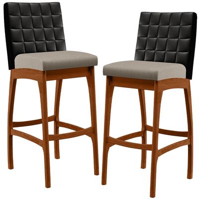 Kit 02 Banquetas Altas Cozinha Sala De Jantar Fixa Mila B04 Couríssimo Preto Linho Bege - Lyam Decor