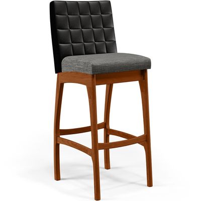 Banqueta Alta Cozinha Sala De Jantar Fixa Mila B04 Couríssimo Preto Linho Cinza Escuro - Lyam Decor