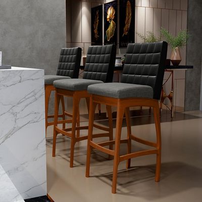 Banqueta Alta Cozinha Sala De Jantar Fixa Mila B04 Couríssimo Preto Linho Cinza Escuro - Lyam Decor
