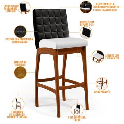 Kit 02 Banquetas Altas Cozinha Sala Jantar Fixa Mila B04 Couríssimo Preto Corano Branco - Lyam Decor