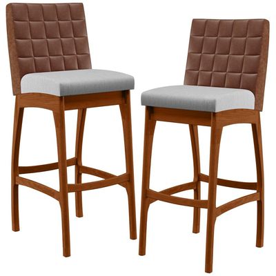 Kit 02 Banquetas Altas Cozinha Sala Jantar Fixa Mila B04 Couríssimo Marrom Linho Cinza - Lyam Decor