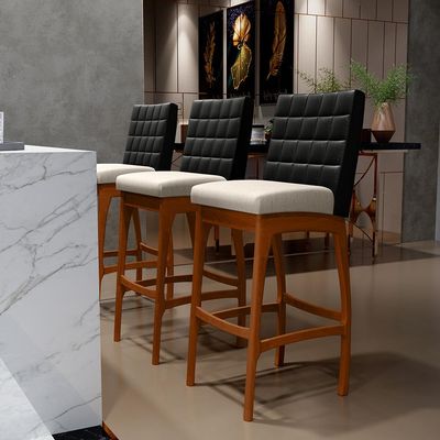 Banqueta Alta Para Cozinha Sala De Jantar Fixa Mila B04 Couríssimo Preto Linho Cru - Lyam Decor