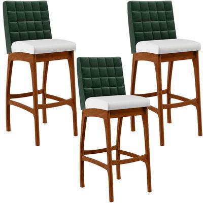 Kit 3 Banquetas Altas Cozinha Sala Jantar Fixa Mila B04 Facto Verde Musgo Corano Branco - Lyam Decor