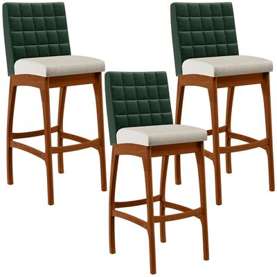 Kit 03 Banquetas Altas Sala De Jantar Fixa Mila B04 Facto Verde Musgo Linho Champagne - Lyam Decor