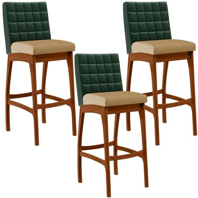 Kit 03 Banquetas Altas Sala De Jantar Fixa Mila B04 Facto Verde Musgo Linho Bege Escuro - Lyam Decor