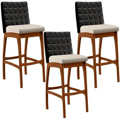 Kit 03 Banquetas Altas Cozinha Sala De Jantar Fixa Mila B04 Couríssimo Preto Linho Cru - Lyam Decor