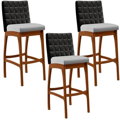 Kit 03 Banquetas Altas Cozinha Sala Jantar Fixa Mila B04 Couríssimo Preto Linho Cinza - Lyam Decor