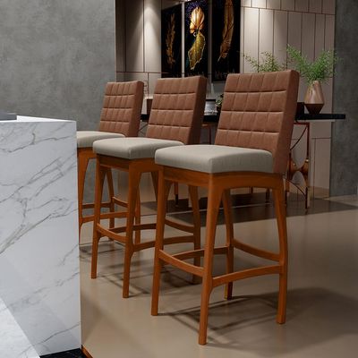 Kit 03 Banquetas Altas Cozinha Sala Jantar Fixa Mila B04 Couríssimo Marrom Linho Bege - Lyam Decor