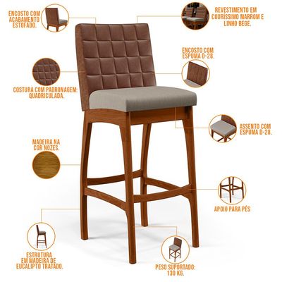 Kit 03 Banquetas Altas Cozinha Sala Jantar Fixa Mila B04 Couríssimo Marrom Linho Bege - Lyam Decor