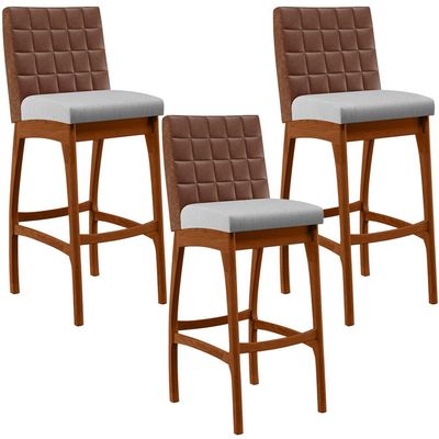Kit 03 Banquetas Altas Cozinha Sala Jantar Fixa Mila B04 Couríssimo Marrom Linho Cinza - Lyam Decor