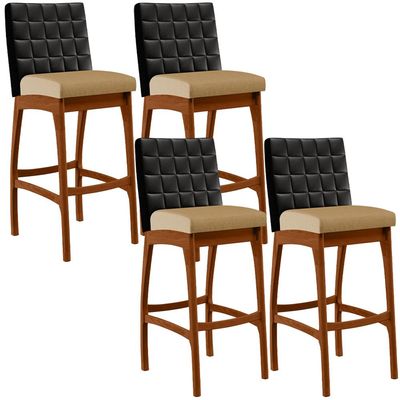 Kit 04 Banquetas Altas Sala De Jantar Fixa Mila B04 Couríssimo Preto Linho Bege Escuro - Lyam Decor