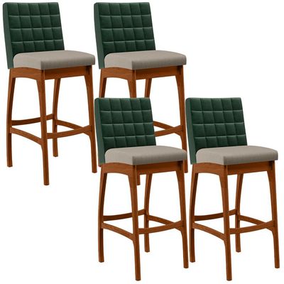 Kit 04 Banquetas Altas Cozinha Sala Jantar Fixa Mila B04 Facto Verde Musgo Linho Bege - Lyam Decor