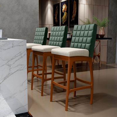 Kit 04 Banquetas Altas Sala De Jantar Fixa Mila B04 Facto Verde Musgo Linho Champagne - Lyam Decor