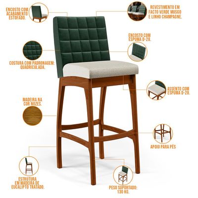 Kit 04 Banquetas Altas Sala De Jantar Fixa Mila B04 Facto Verde Musgo Linho Champagne - Lyam Decor