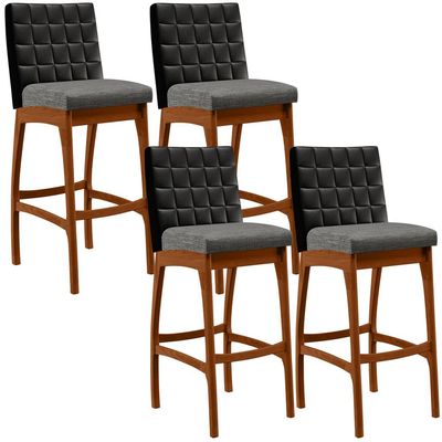 Kit 04 Banquetas Altas Sala De Jantar Fixa Mila B04 Couríssimo Preto Linho Cinza Escuro - Lyam Decor