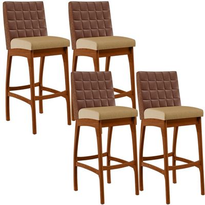 Kit 04 Banquetas Altas Sala De Jantar Fixa Mila B04 Couríssimo Marrom Linho Bege Escuro - Lyam Decor