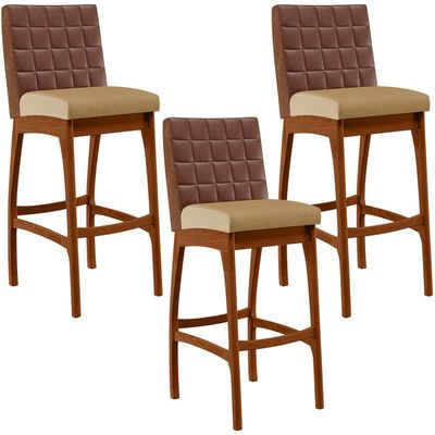 Kit 03 Banquetas Altas Sala De Jantar Fixa Mila B04 Couríssimo Marrom Linho Bege Escuro - Lyam Decor