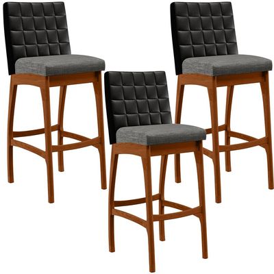 Kit 03 Banquetas Altas Sala De Jantar Fixa Mila B04 Couríssimo Preto Linho Cinza Escuro - Lyam Decor