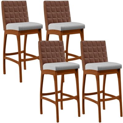 Kit 04 Banquetas Altas Cozinha Sala Jantar Fixa Mila B04 Couríssimo Marrom Linho Cinza - Lyam Decor