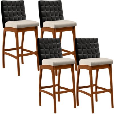 Kit 04 Banquetas Altas Cozinha Sala De Jantar Fixa Mila B04 Couríssimo Preto Linho Cru - Lyam Decor