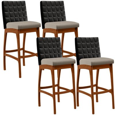 Kit 04 Banquetas Altas Cozinha Sala De Jantar Fixa Mila B04 Couríssimo Preto Linho Bege - Lyam Decor