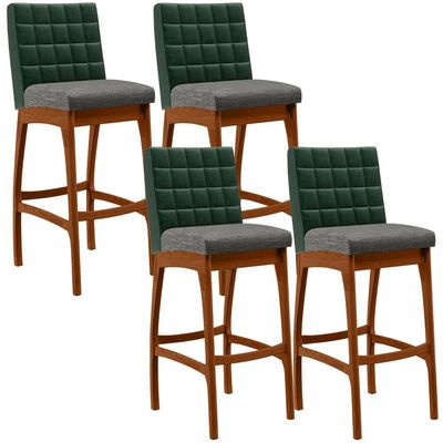 Kit 04 Banquetas Altas Sala Jantar Fixa Mila B04 Facto Verde Musgo Linho Cinza Escuro - Lyam Decor