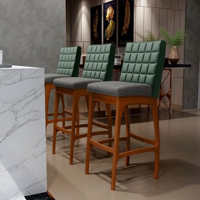 Kit 04 Banquetas Altas Sala Jantar Fixa Mila B04 Facto Verde Musgo Linho Cinza Escuro - Lyam Decor