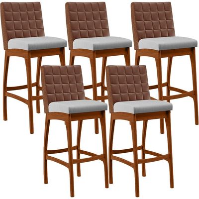 Kit 05 Banquetas Altas Cozinha Sala Jantar Fixa Mila B04 Couríssimo Marrom Linho Cinza - Lyam Decor