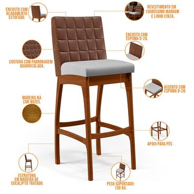Kit 05 Banquetas Altas Cozinha Sala Jantar Fixa Mila B04 Couríssimo Marrom Linho Cinza - Lyam Decor