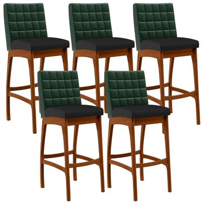 Kit 05 Banquetas Altas Cozinha Sala Jantar Fixa Mila B04 Facto Verde Musgo Corano Preto - Lyam Decor