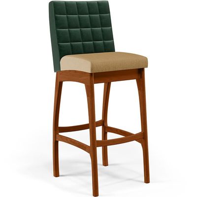 Kit 05 Banquetas Altas Sala De Jantar Fixa Mila B04 Facto Verde Musgo Linho Bege Escuro - Lyam Decor