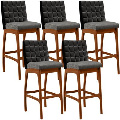Kit 05 Banquetas Altas Sala De Jantar Fixa Mila B04 Couríssimo Preto Linho Cinza Escuro - Lyam Decor
