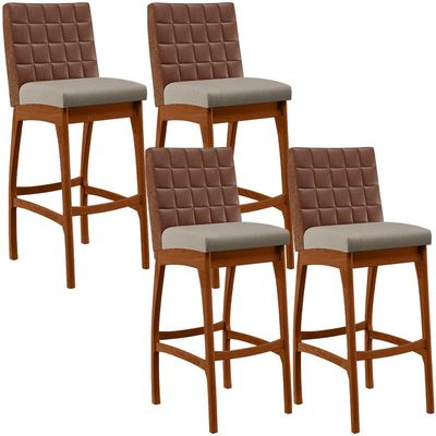 Kit 04 Banquetas Altas Cozinha Sala Jantar Fixa Mila B04 Couríssimo Marrom Linho Bege - Lyam Decor