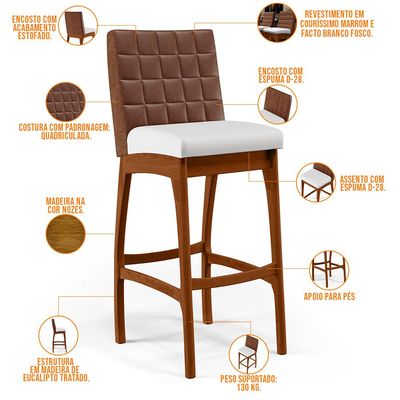Kit 5 Banquetas Altas Cozinha Sala Jantar Fixa Mila B04 Couríssimo Marrom Corano Branco - Lyam Decor