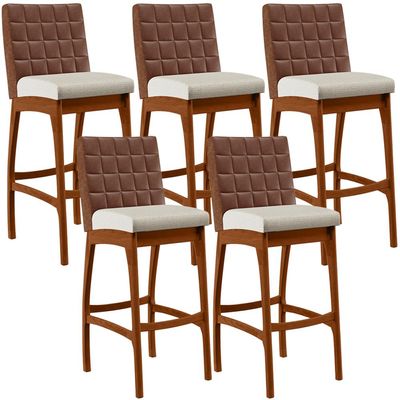 Kit 05 Banquetas Altas Sala De Jantar Fixa Mila B04 Couríssimo Marrom Linho Champagne - Lyam Decor
