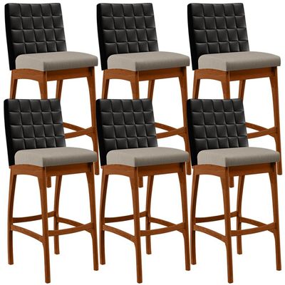 Kit 06 Banquetas Altas Cozinha Sala De Jantar Fixa Mila B04 Couríssimo Preto Linho Bege - Lyam Decor