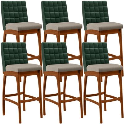 Kit 06 Banquetas Altas Cozinha Sala Jantar Fixa Mila B04 Facto Verde Musgo Linho Bege - Lyam Decor
