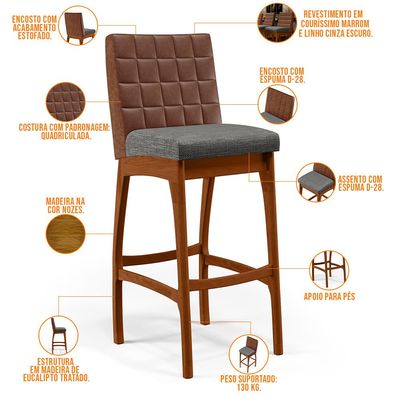 Kit 04 Banquetas Altas Sala Jantar Fixa Mila B04 Couríssimo Marrom Linho Cinza Escuro - Lyam Decor