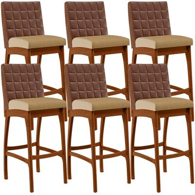 Kit 06 Banquetas Altas Sala De Jantar Fixa Mila B04 Couríssimo Marrom Linho Bege Escuro - Lyam Decor